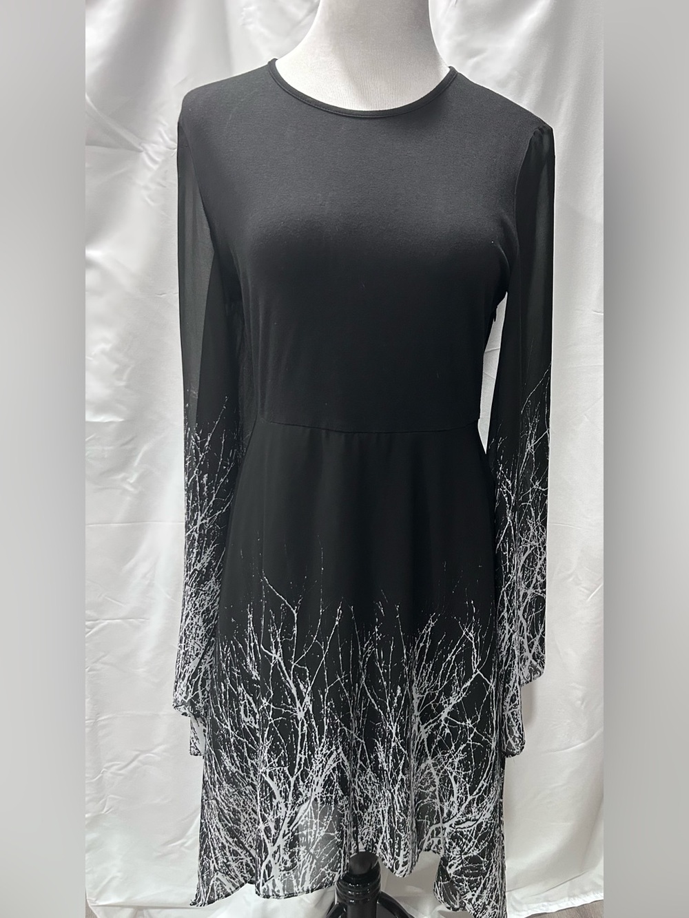 Jawbreaker Black White Gothic Tree Branch Chiffon Sleeve Shark Tooth Dress Large